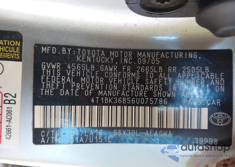 2006 Toyota Avalon Xls z USA, uszkodzony, nr VIN 4T1BK36B56U075786